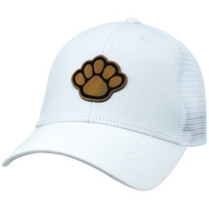 women's white trucker hat with bamboo paw print